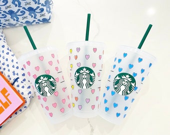 Reusable Starbucks Iced Coffee Cold Cup Preppy Hearts
