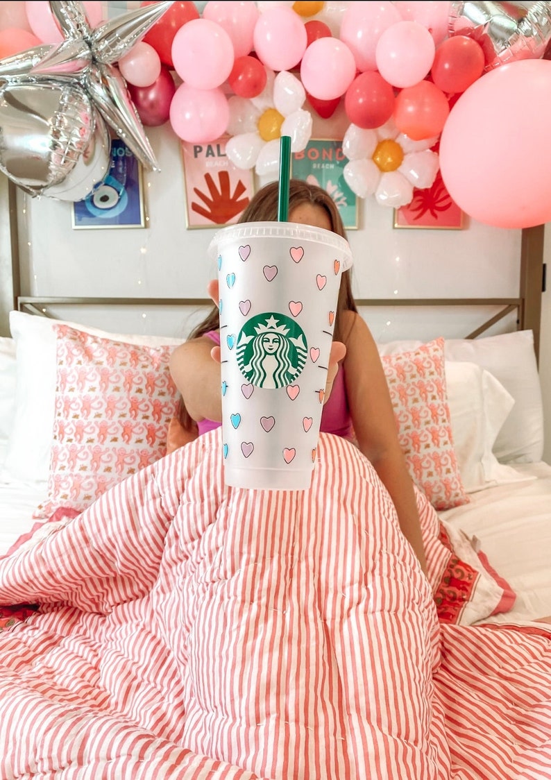 Reusable Starbucks Iced Coffee Cold Cup Preppy Hearts Etsy