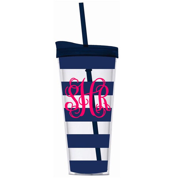 Personalized 22oz Acrylic Double Wall Tumbler w/Straw {Navy Stripe}
