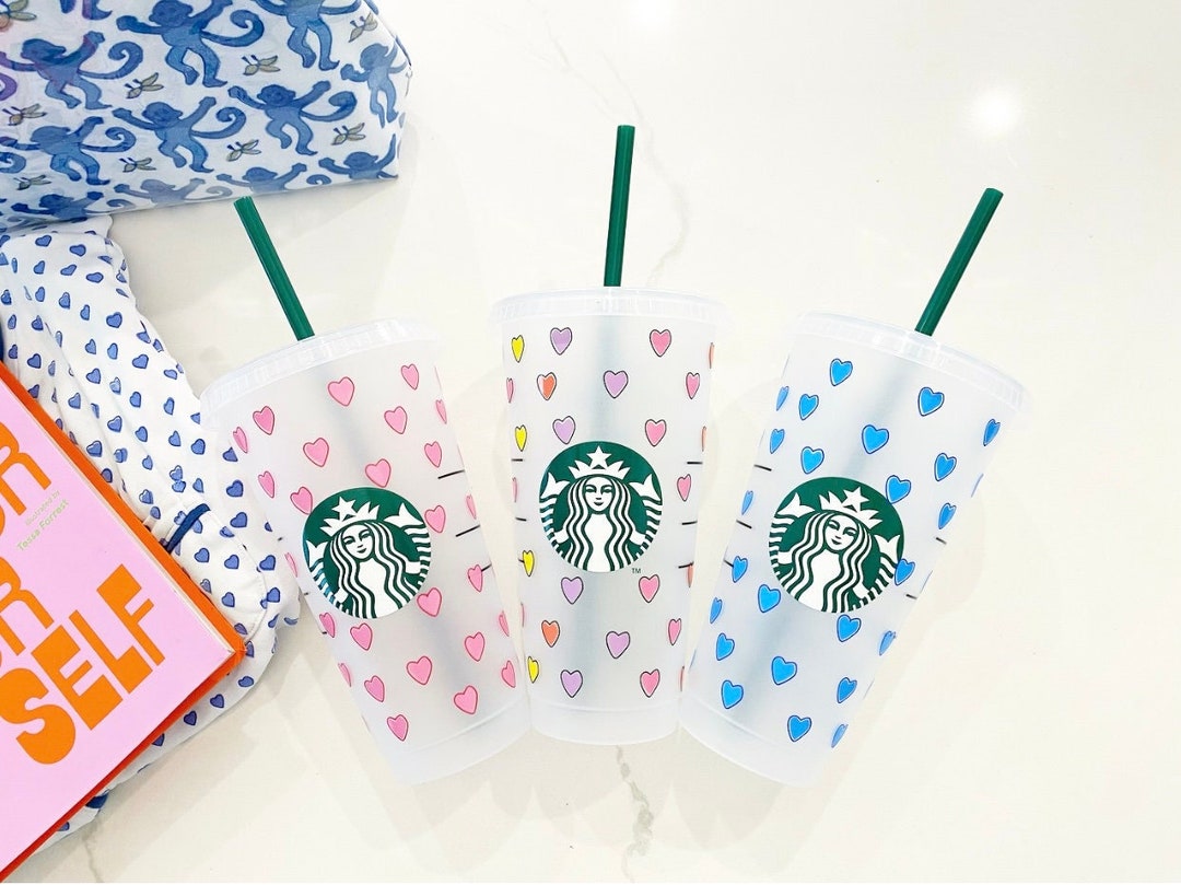 Reusable Starbucks Iced Coffee Cold Cup Preppy Hearts