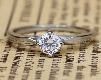 Genuine White Moissanite solitaire ring available in Titanium or white gold - engagement ring - wedding ring