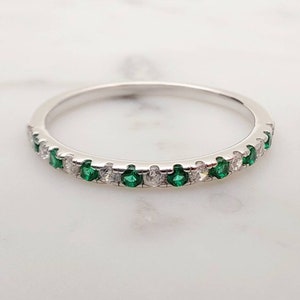 1.8mm wide Natural Emerald and diamond Half Eternity stacking ring  in titanium, white gold or Silver - stacking ring - wedding band
