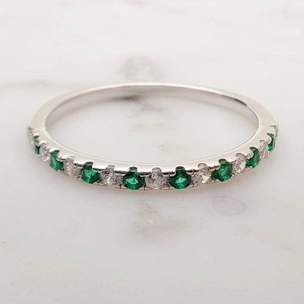 1.8mm wide Natural Emerald and diamond Half Eternity stacking ring  in white gold or Silver - stacking ring - wedding band - handmade ring