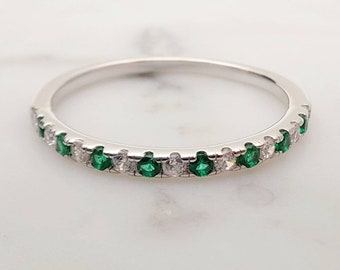 1.8mm wide Natural Emerald and diamond Half Eternity stacking ring  in white gold or Silver - stacking ring - wedding band - handmade ring