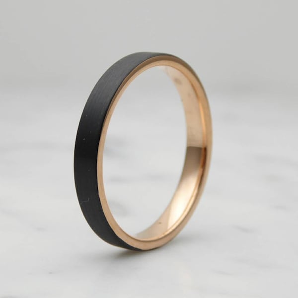 Anillo de bodas de titanio cepillado negro de 3 mm y oro rosa de 18 k para hombres y mujeres