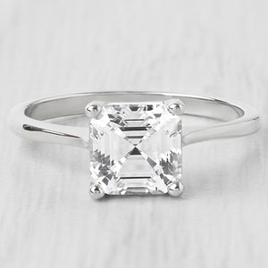 1.5ct Asscher Cut Solitaire cathedral ring in Titanium or White Gold - Moissanite or Simulated diamond