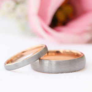 3mm and 6mm wide 14K Rose Gold and Brushed Titanium Couples Wedding ring band for men and women