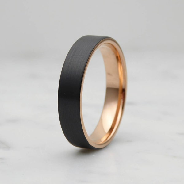 5mm Black Brushed titanium & 18k rose gold wedding ring band for men and women