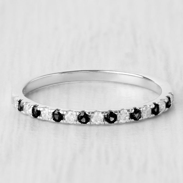 1.8mm wide Onyx & Man Made Diamond Simulant Half Eternity ring  in white gold or Silver - stacking ring - wedding band