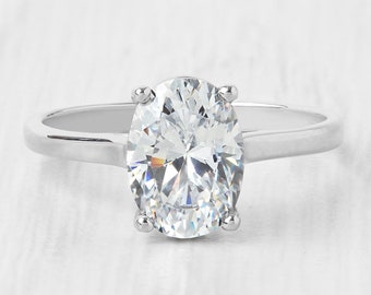 1.7ct Oval Cut Solitaire cathedral ring in Titanium or White Gold - Simulated diamond