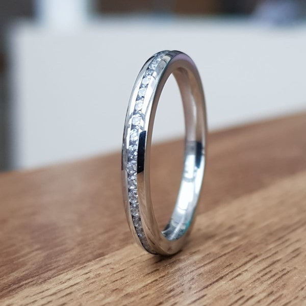 2.5mm Wide Full Eternity ring with Diamonds or White Sapphires in white gold or titanium - Wedding Band - Engagement ring