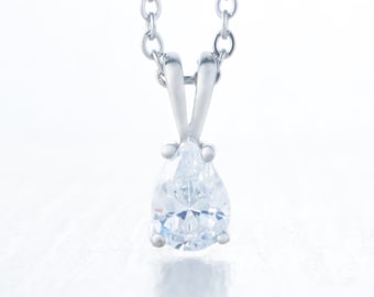 On Sale! Necklace with Pear / Teardrop Man Made Diamond Simulant pendant - Available in titanium