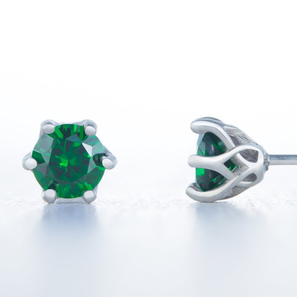 Lab emerald stud earrings, available in titanium, white gold and surgical steel 4mm or 5mm sizes