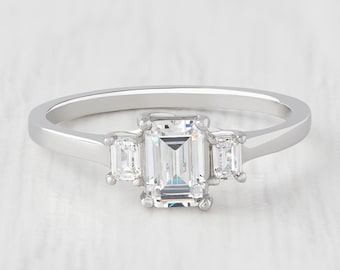 Man made Diamond Emerald cut 3 stone Trilogy ring ring available in Sterling Silver or White Gold Filled - engagement ring