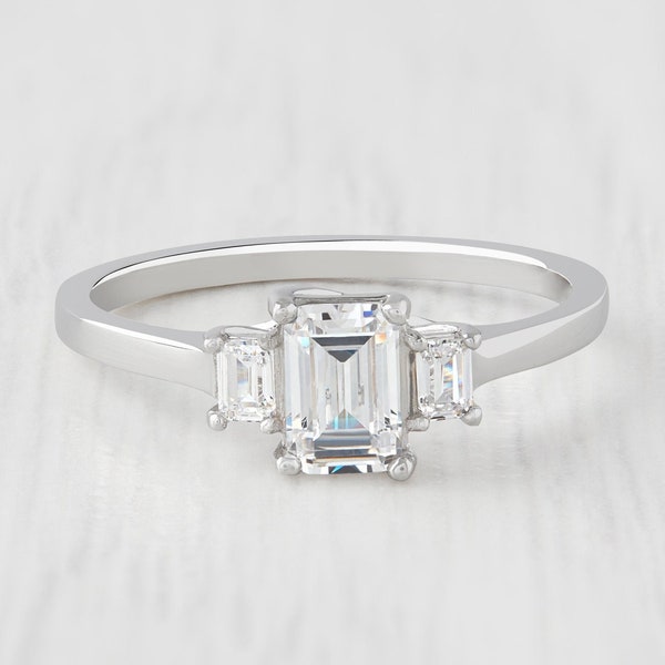 Man made Diamond Emerald cut 3 stone Trilogy ring ring available in Sterling Silver or White Gold Filled - engagement ring