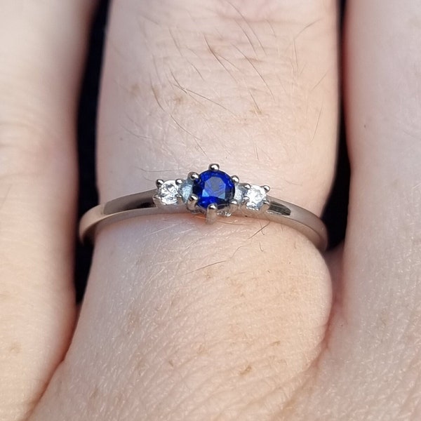 Natural Blue Sapphire and White Sapphire 3 stone Trilogy Ring in White Gold or Titanium  - engagement ring - handmade ring