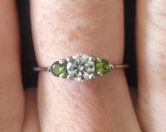 Genuine moissanite & Peridot 3 stone Trilogy Ring in White Gold or Titanium  - engagement ring - handmade ring