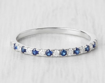 1.8mm wide Lab Blue & White Sapphire Half Eternity ring in titanium, white gold or Silver - stacking ring - wedding band