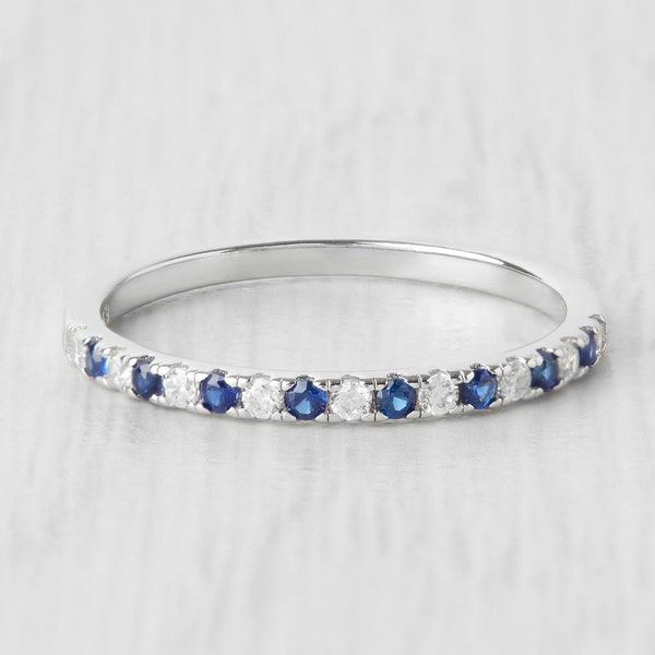 1.8mm wide Lab Blue & White Sapphire Half Eternity ring in titanium, white gold or Silver - stacking ring - wedding band