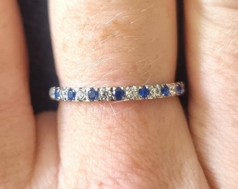 2mm wide Blue Topaz & White Moissanite Half Eternity ring in Titanium or white gold filled- stacking ring - wedding band