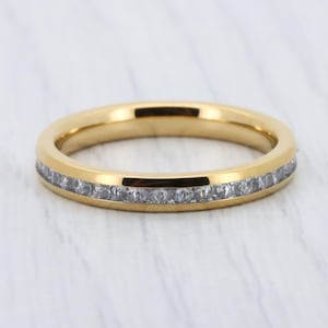 3mm Wide Princess cut Man Made Diamond Simulant Full Eternity ring in yellow gold filled  - Wedding Band - Engagement ring