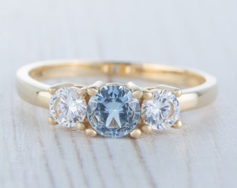 Aquamarine solid gold Trilogy ring with moissanites available in 9K, 14K, 18K, Rose, yellow or white gold - engagement ring