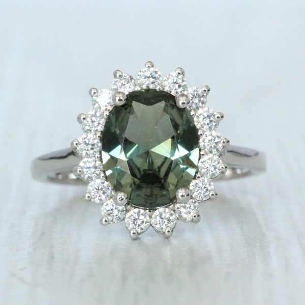 Natural Green sapphire and moissanite Solid Gold halo engagement ring - Princess Diana, Kate Middleton