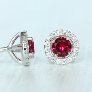 Lab Ruby & Genuine Moissanite Halo stud earrings in Sterling silver