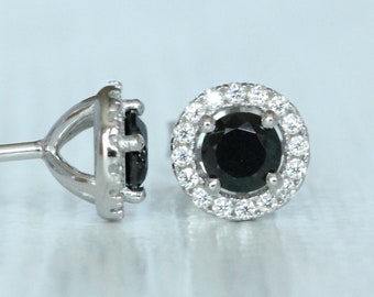 Onyx & Genuine Moissanite Halo stud earrings in Sterling silver