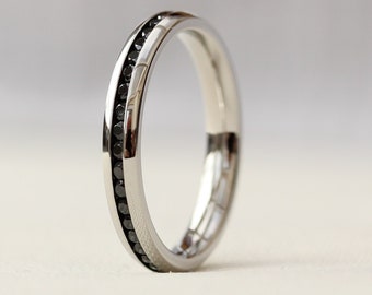 Genuine Black Diamond 3mm Wide Full Eternity ring / stacking ring in white gold or titanium - Wedding Band - Engagement ring