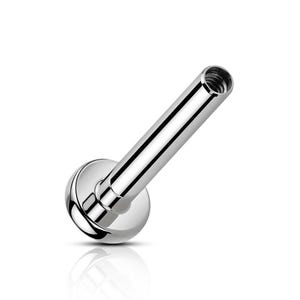 Könnte beinhalten: Ein glänzender, silberfarbener Labret-Stecker. Der Schmuck hat eine runde, polierte Kugel an einem Ende und einen geraden, hohlen Stab mit Innengewinde am anderen. Der Stecker ist für Piercings gedacht.