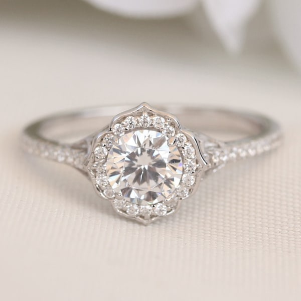 Platinum & 1ct man made diamond halo solitaire engagement ring