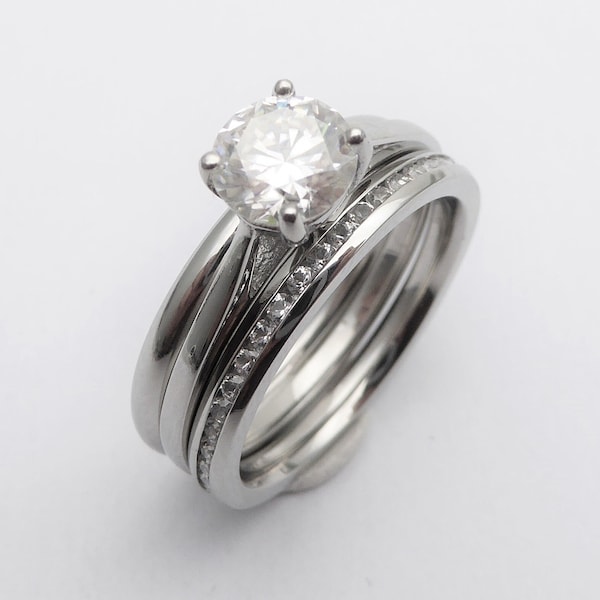 Wedding set! 1ct Genuine moissanite solitaire and matching eternity & Wedding ring in Titanium or White Gold