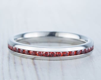 Natural Garnet 3mm Wide Full Eternity ring / stacking ring in white gold or titanium - Wedding Band - Engagement ring