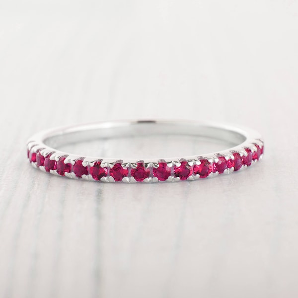 1.8mm wide Lab Ruby Half Eternity ring  in white gold or Silver - stacking ring - wedding band - handmade engagement ring