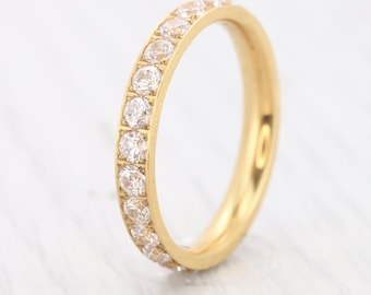 Pierścionek Half Eternity z żółtego złota z imitacją diamentów o szerokości 3 mm - łączony na płasko - obrączka ślubna - ręcznie robiony pierścionek zaręczynowy