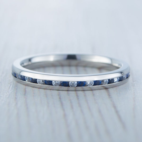 Lab blue & White sapphire 2.5mm Wide Full Eternity ring / stacking ring in white gold or titanium - Wedding Band - Engagement ring