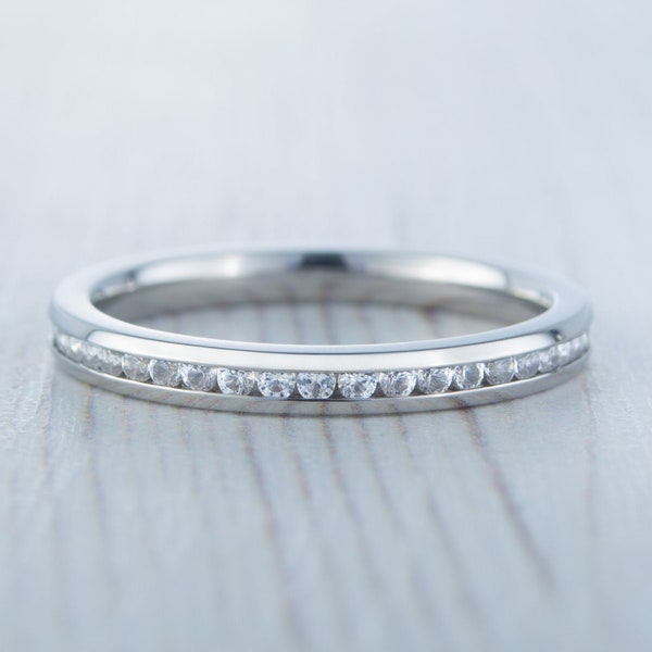 2.5mm Wide Full Eternity ring with Diamonds or White Sapphires in white gold or titanium - Wedding Band - Engagement ring