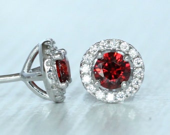 Natural Garnet & Genuine Moissanite Halo stud earrings in Sterling silver