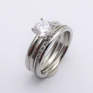 Wedding set! 1ct Man Made Diamond Simulant solitaire and matching eternity & Wedding ring in Titanium or White Gold