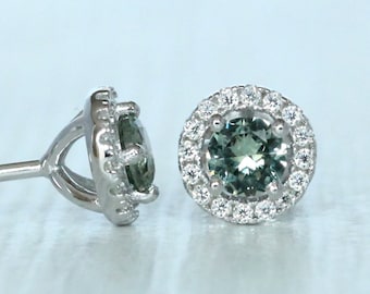 Natural Green sapphire & Genuine Moissanite Halo stud earrings in Sterling silver