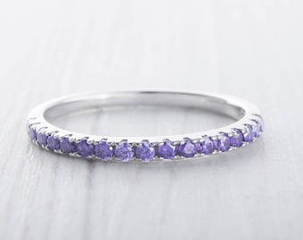1.8mm wide Amethyst Gemstone Half Eternity ring - stacking ring - wedding band in white gold or Silver