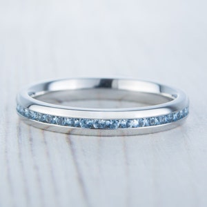 Natural Aquamarine 3mm Wide Full Eternity ring / stacking ring in white gold or titanium - Wedding Band - Engagement ring