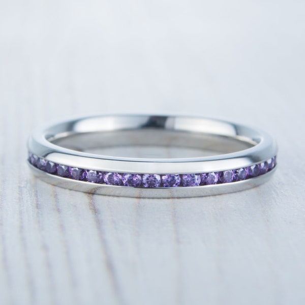 Natural Amethyst 3mm Wide Full Eternity ring / stacking ring in white gold or titanium - Wedding Band - Engagement ring