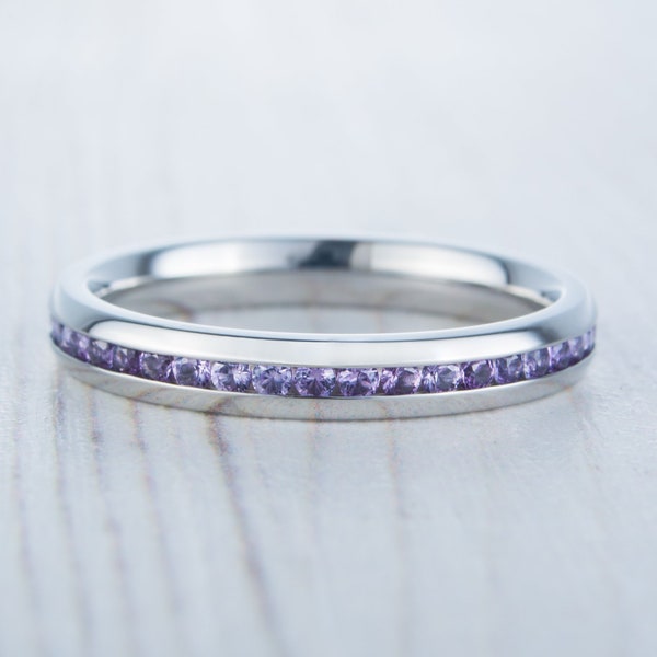 Lab Alexandrite 3mm Wide Full Eternity ring / stacking ring in white gold or titanium - Wedding Band - Engagement ring