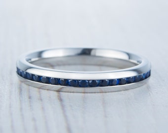 Lab blue sapphire 3mm Wide Full Eternity ring / stacking ring in white gold or titanium - Wedding Band - Engagement ring