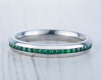 Lab Emerald 3mm Wide Full Eternity ring / stacking ring in white gold or titanium - Wedding Band - Engagement ring