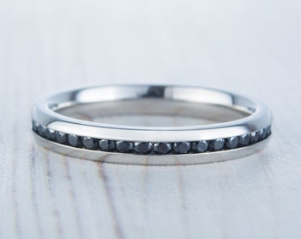 Natural Onyx 3mm Wide Full Eternity ring / stacking ring in white gold or titanium - Wedding Band - Engagement ring