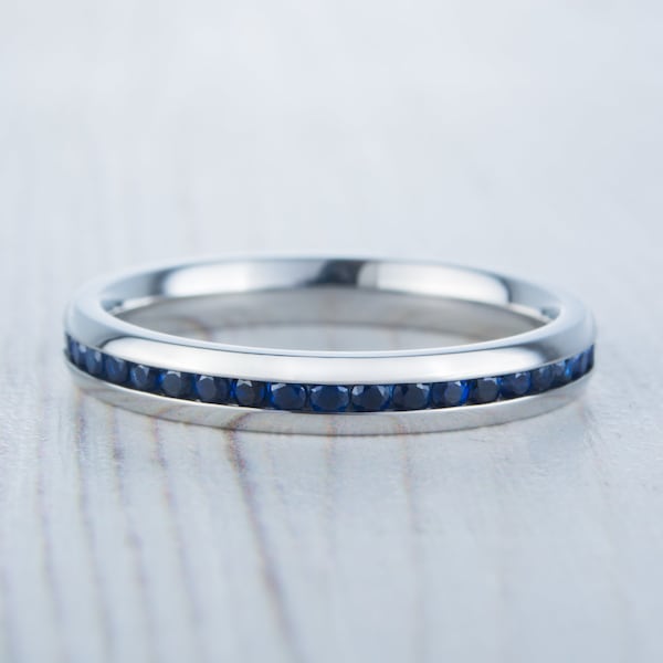 Lab blue sapphire 3mm Wide Full Eternity ring / stacking ring in white gold or titanium - Wedding Band - Engagement ring