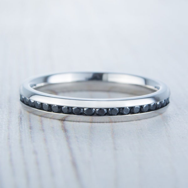 Natural Onyx 3mm Wide Full Eternity ring / stacking ring in white gold or titanium - Wedding Band - Engagement ring